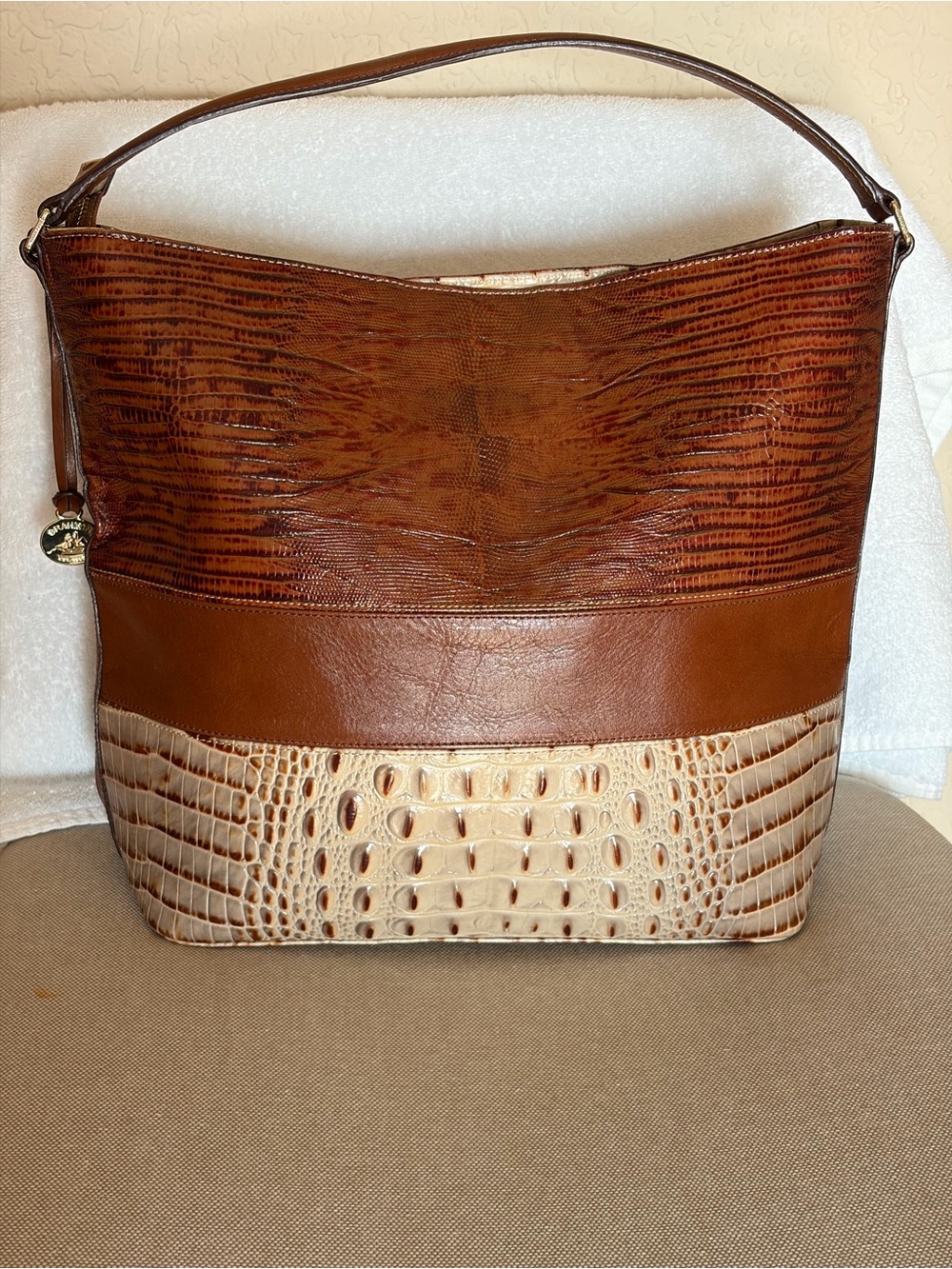 Brahmin Brown and Cream Leather Croc-Embossed Shoulder Bag Large